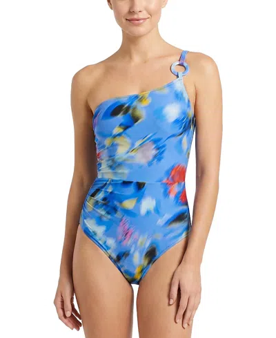 Change Of Scenery Kara One Shoulder Ring Trim Print One-piece Swimsuit In Blue