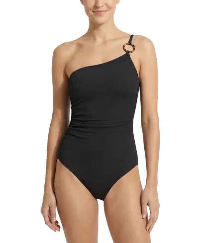Change Of Scenery Kara One Shoulder Ring Trim Textured One-piece Swimsuit In Black