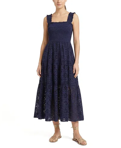 Change Of Scenery Kristen Sleeveless Smocked Eyelet Midi Dress In Blue