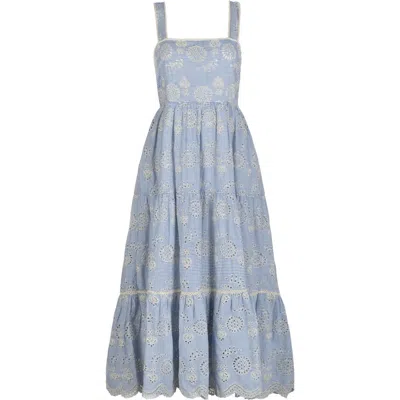 Change Of Scenery Lizzie Pinstripe Eyelet Tiered Midi Dress In Blue