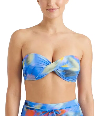 Change Of Scenery Loryn Twist Bandeau Print Bikini Top In Blue