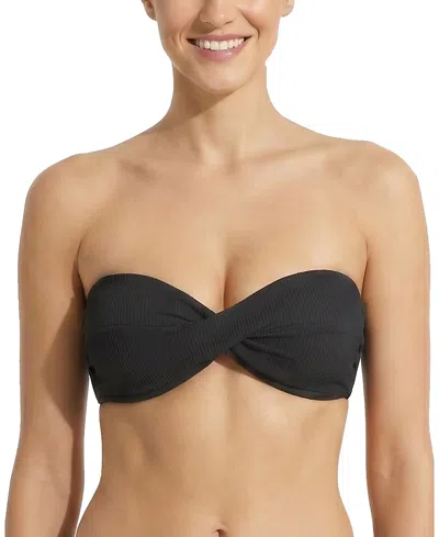 Change Of Scenery Loryn Twist Bandeau Textured Bikini Top In Black