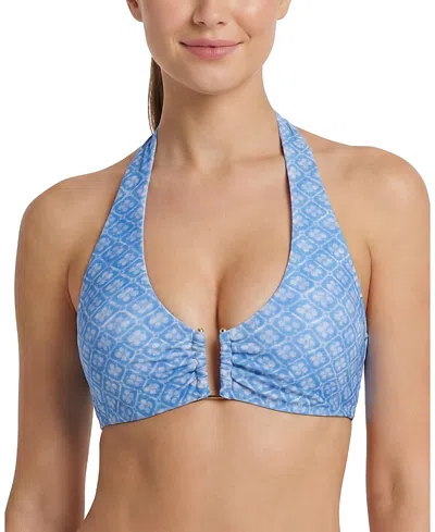 Change Of Scenery Shana U-bar Print Halter Bikini Top In Blue