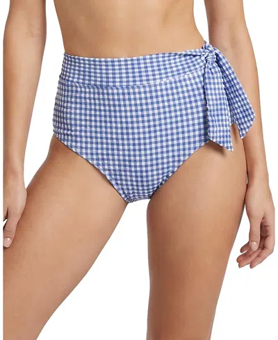 Change Of Scenery Side Tie High Waist Gingham Bikini Bottom With Full Coverage In Blue