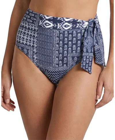 Change Of Scenery Side Tie High Waist Print Bikini Bottom With Full Coverage In Blue
