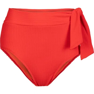 Change Of Scenery Side Tie High Waist Textured Bikini Bottom With Full Coverage In Red