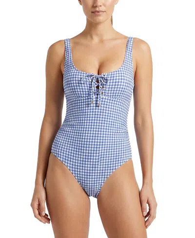 Change Of Scenery Taylor Gingham Lace-up Underwire One-piece Swimsuit In Blue