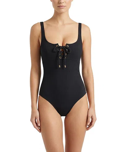 Change Of Scenery Taylor Lace-up Underwire One-piece Swimsuit In Eco Texture In Black