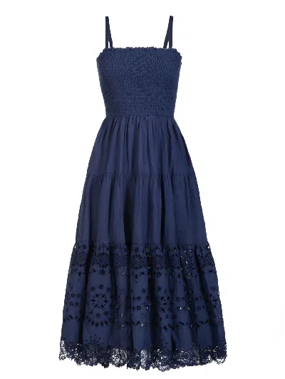 Change Of Scenery Kristen Smocked Embroidered Tiered Midi Dress In Blue