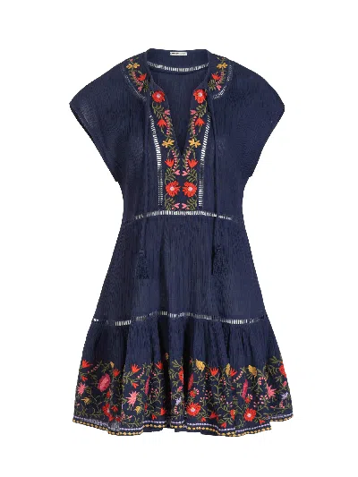 Change Of Scenery Women's Blue / Red Gari Dress In Gardenia Embroidery
