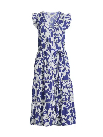 Change Of Scenery Women's Emily Leaf Cotton Tie-waist Shirtdress In Blue