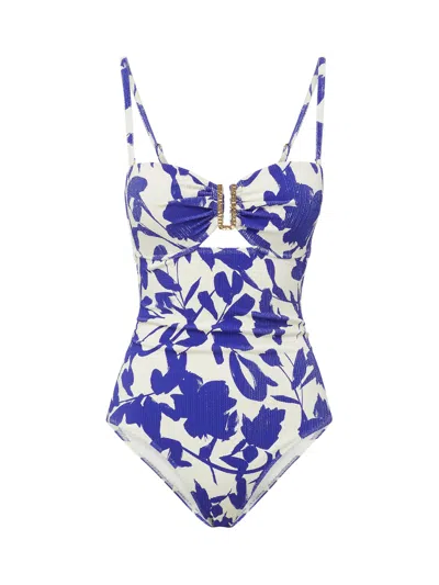 Change Of Scenery Women's Neutrals / Blue / White Lisa Embellished One Piece In Moraea Garden Texture In Blue/white