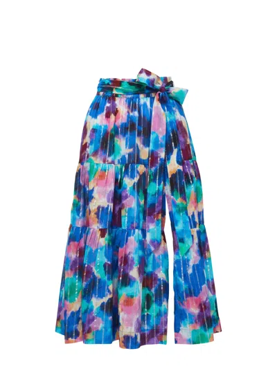 Change Of Scenery Women's Pink / Purple / Blue Jenni Belted Tiered Maxi Skirt In Giverny Gardens Metallic Print In Pink/purple/blue