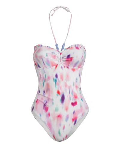 Change Of Scenery Women's White / Blue / Pink Talia One Piece In Hazy Ikat Ivory