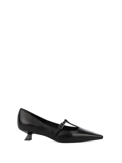 Chantal Decollette Black With Strap, In Black Leather With Heel.