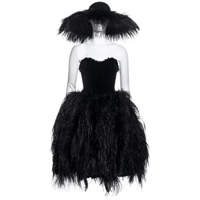 Pre-owned Chantal Thomass Black Ostrich Feather Corset, Skirt And Hat Ensemble, Fw 1991