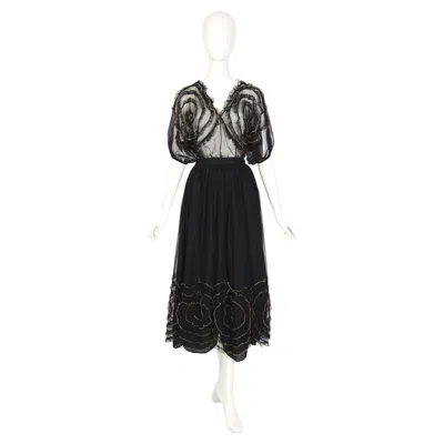 Pre-owned Chantal Thomass Chantal Thomas 1980s Vintage Black Tulle Gold Edged Flowers Top And Skirt Set