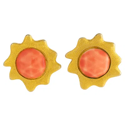 Pre-owned Chantal Thomass Paris Gilded Clip Earrings With Pink Salmon Ceramic Cabochons