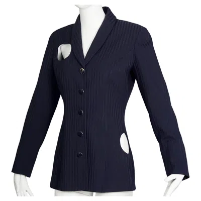 Pre-owned Chantal Thomass Vintage  Irregular Openwork Self Stripe Navy Blue Blazer Jacket