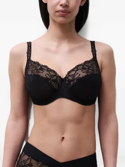 Chantelle Champs Elysees Embroidered Mesh-panel Bra In Black