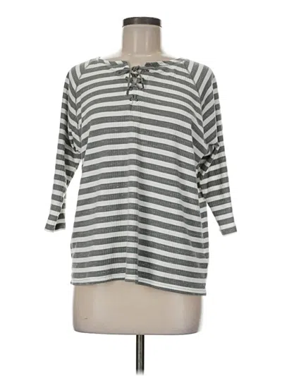 Pre-owned Chaps 3/4 Sleeve Top Gray Stripes Pattern Keyhole Neckline Tops