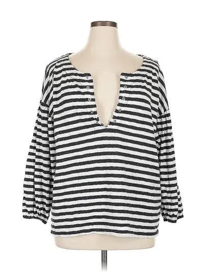 Pre-owned Chaps 3/4 Sleeve Top Silver Stripes Pattern Plunge Neckline Tops