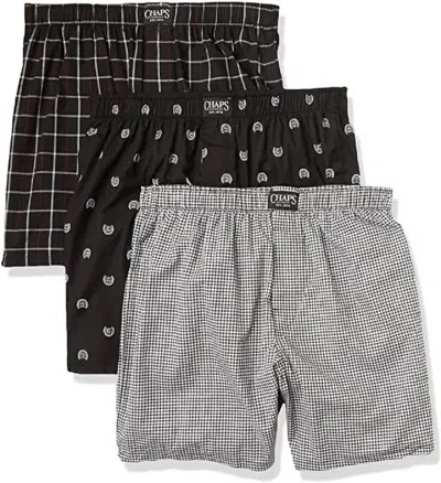 Chaps Men's Underwear Woven Boxers In Morris Plaid/polo Black Gingham/chap Tossed Logo In Grey