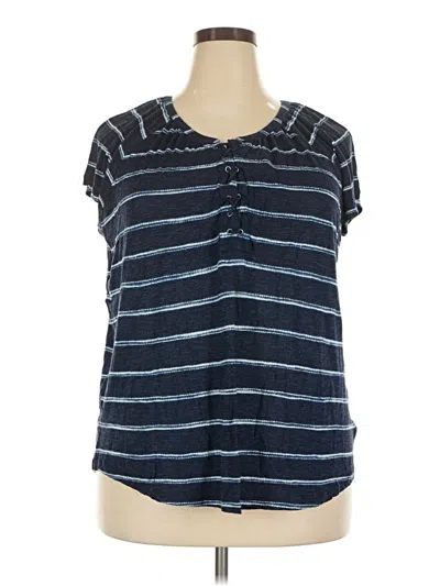Pre-owned Chaps Short Sleeve Top Blue Stripes Pattern Keyhole Neckline Tops