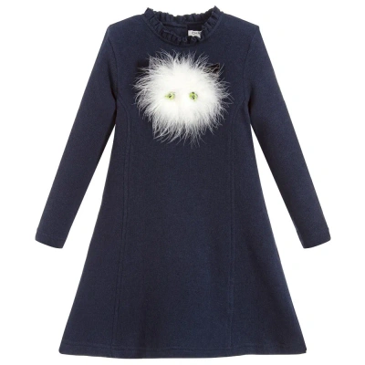 Charabia Babies' Girls Blue Cotton Jersey Cat Dress