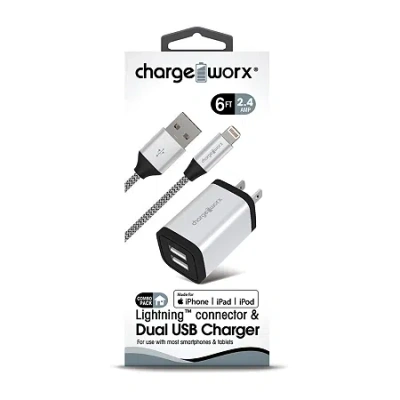 Chargeworx 6 Lightning Connector Dual Usb Charger In Silver
