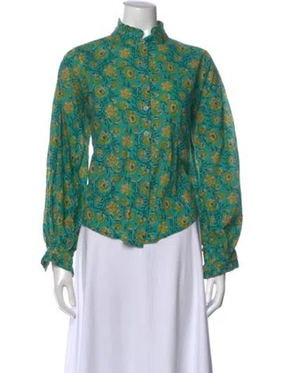 Pre-owned Charina Sarte Floral Print Long Sleeve Blouse In Green