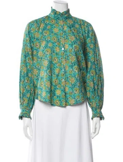 Pre-owned Charina Sarte Floral Print Long Sleeve Blouse In Green