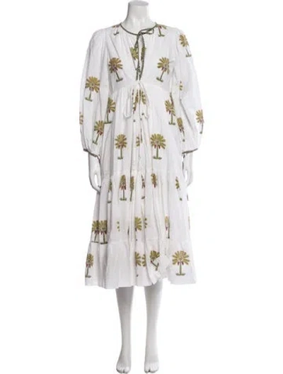 Pre-owned Charina Sarte Printed Midi Length Dress In White