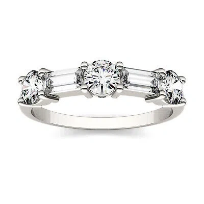 Pre-owned Charles & Colvard 1.15 Ctw Dew Round And Baguette Lab-created Moissanite Stackable Band In White
