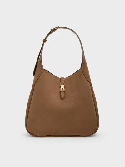 Charles & Keith - Adalyn Recycled Suede Metallic-buckle Belted Hobo Bag In Brown