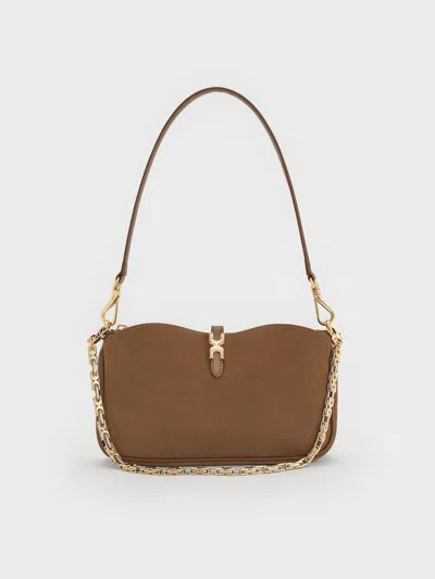 Charles & Keith - Adalyn Recycled Suede Metallic-buckle Chain-handle Shoulder Bag In Brown