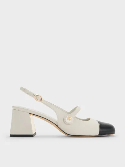 Charles & Keith Pearl Embellished Trapeze-heel Slingback Pumps In Chalk