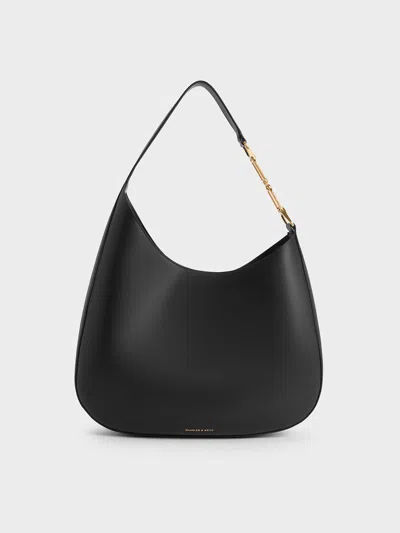 Charles & Keith - Agatha Chain-accent Slouchy Hobo Bag In Black