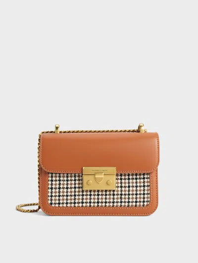 Charles & Keith - Alva Checkered Front Flap Bag In Cognac
