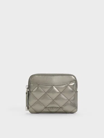 Charles & Keith - Alva Metallic Quilted Top-zip Card Holder In Gray