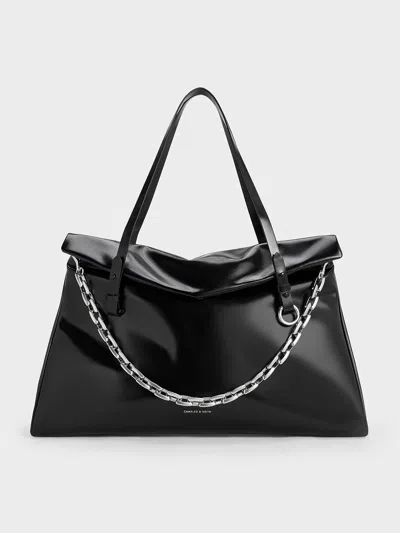 Charles & Keith - Andromeda Chain-handle Trapeze Xl Tote Bag In Black