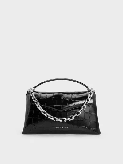 Charles & Keith - Andromeda Croc-effect Chunky-chain Top Handle Bag In Black