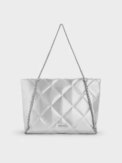 Charles & Keith - Apfra Metallic Quilted Chain-embellished Tote Bag In Silver