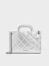 Charles & Keith - Apfra Metallic Quilted Chain-handle Bag In Silver