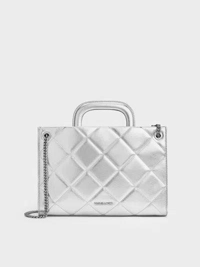 Charles & Keith - Apfra Metallic Quilted Chain-handle Bag In Silver