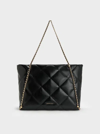 Charles & Keith - Apfra Quilted Chain-embellished Tote Bag In Black