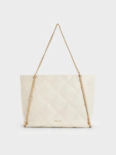Charles & Keith - Apfra Quilted Chain-embellished Tote Bag In Cream