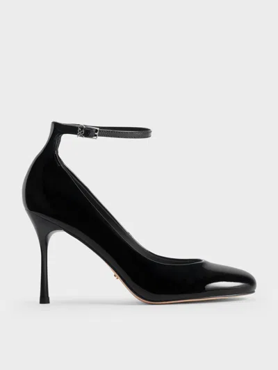 Charles & Keith - Aretha Patent Leather Ankle-strap Stiletto-heel Pumps In Black