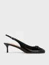 Charles & Keith - Aretha Patent Leather Bow Slingback Kitten Heels In Black