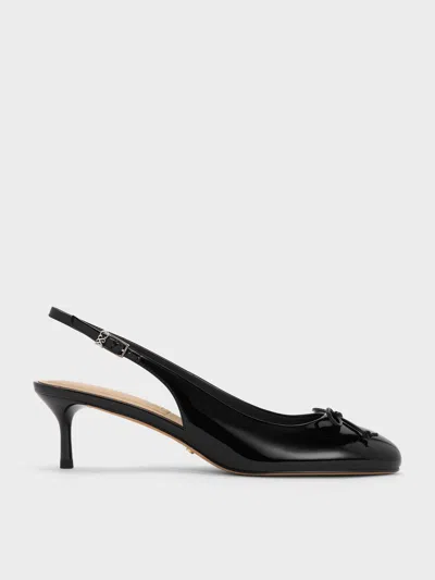 Charles & Keith - Aretha Patent Leather Bow Slingback Kitten Heels In Black